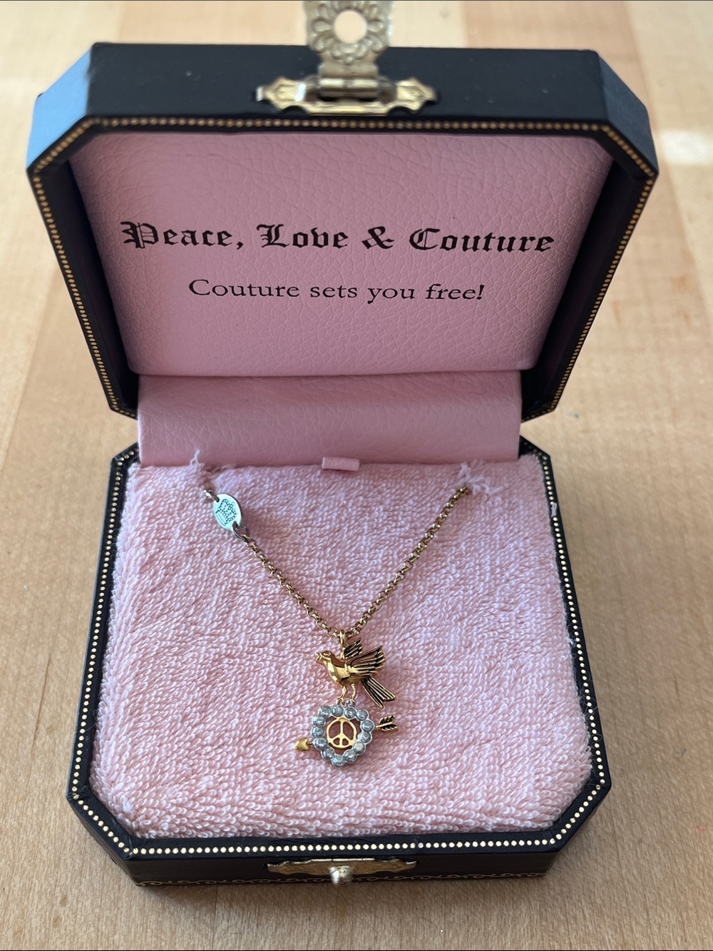 Vintage Y2K Juicy Couture Heart Necklace: Golden Bird, Rhinestone Peace Sign 18"